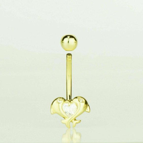 Solid 14k Gold Dolphin Love Belly Button Ball Body Jewelry Piercing with Stone - Picture 2 of 4